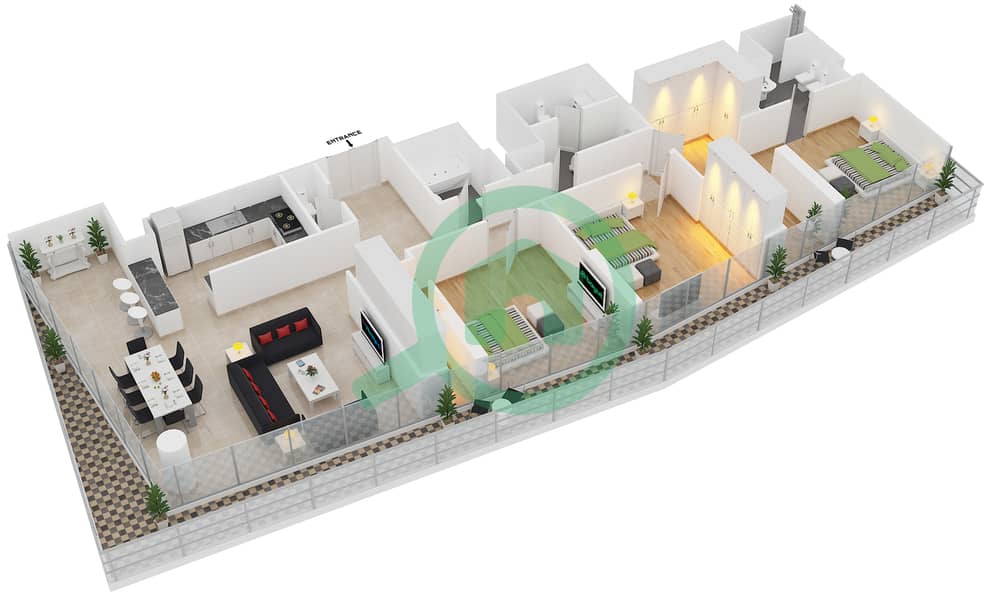 Al Naseem Residence B - 3 Bedroom Apartment Unit 906 Floor plan Floor 9 interactive3D