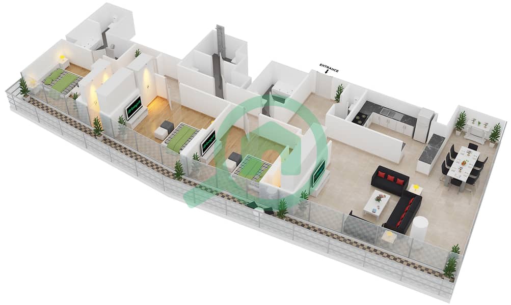 Резиденция Аль Насим Б - Апартамент 3 Cпальни планировка Единица измерения 1101 Floor 11 interactive3D