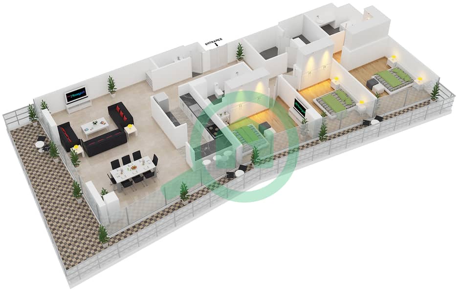 Al Naseem Residence B - 3 Bedroom Apartment Unit 506 Floor plan Floor 5 interactive3D