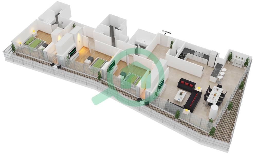Al Naseem Residence B - 3 Bedroom Apartment Unit 1001 Floor plan Floor 10 interactive3D