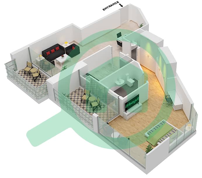 DAMAC Maison Prive - 1 Bedroom Apartment Unit 9 Floor plan Floor 2-4,14-22,27 interactive3D