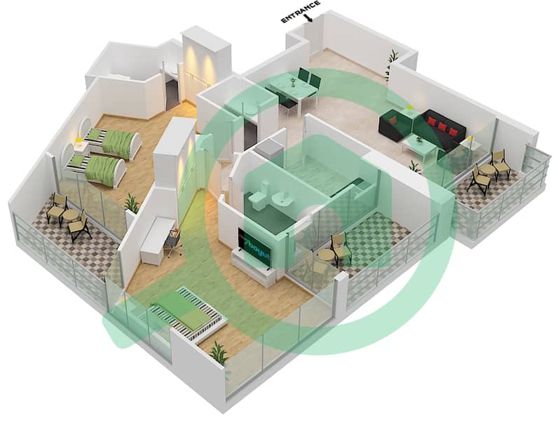 المخططات الطابقية لتصميم الوحدة 10 شقة 2 غرفة نوم - داماك ميزون بريفيه Floor 2-4,14-20,27 interactive3D