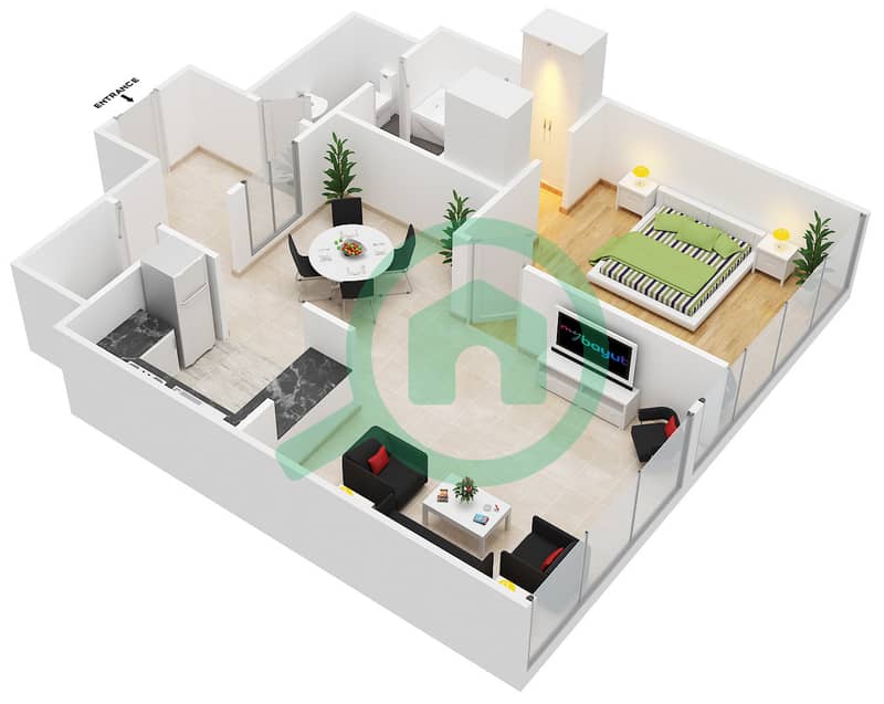 المخططات الطابقية لتصميم الوحدة 3 شقة 1 غرفة نوم - برج مارينا باي 2 interactive3D
