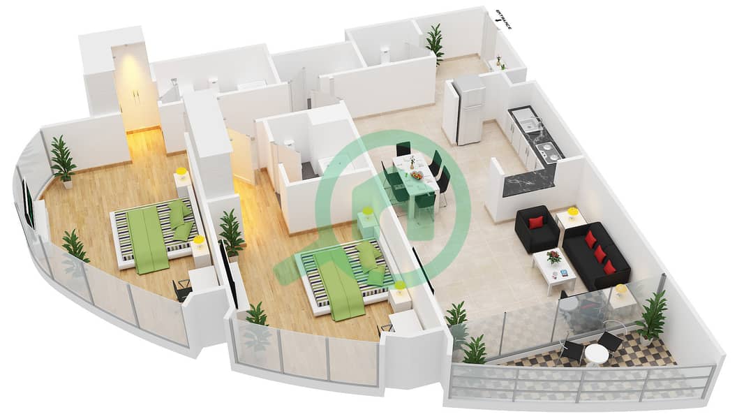 المخططات الطابقية لتصميم الوحدة 11 شقة 2 غرفة نوم - برج مارينا باي 2 interactive3D