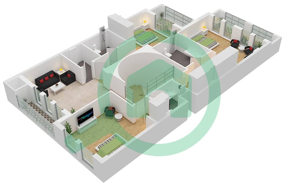 المخططات الطابقية لتصميم النموذج 4B-R فیلا 4 غرف نوم - كاسا فاميليا First Floor interactive3D