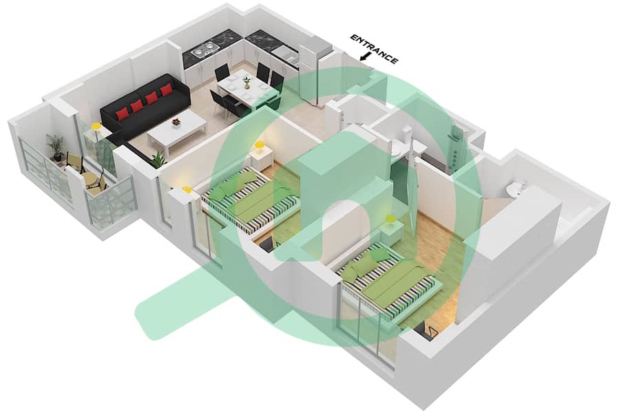 哈亚特大道公寓 - 2 卧室公寓类型／单位2B-8戶型图 interactive3D