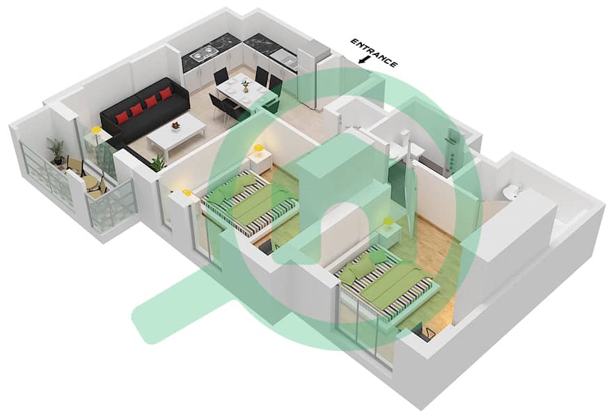 哈亚特大道公寓 - 2 卧室公寓类型／单位2B-9戶型图 interactive3D