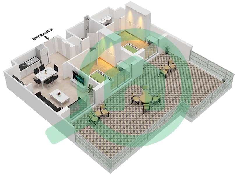 المخططات الطابقية لتصميم النموذج / الوحدة 2B-17 شقة 2 غرفة نوم - حياة بوليفارد interactive3D