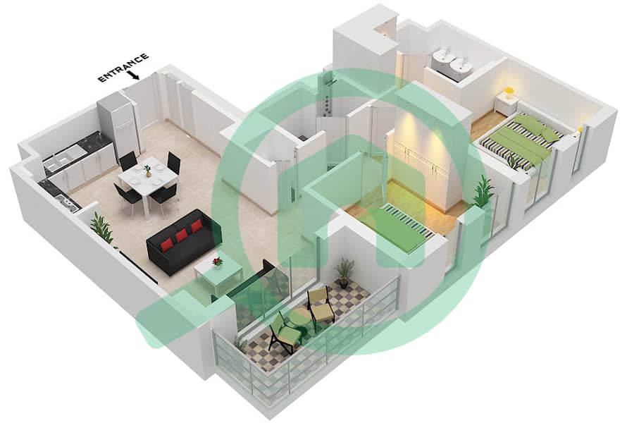 Хаят Бульвар - Апартамент 2 Cпальни планировка Тип/мера 2C-1 interactive3D