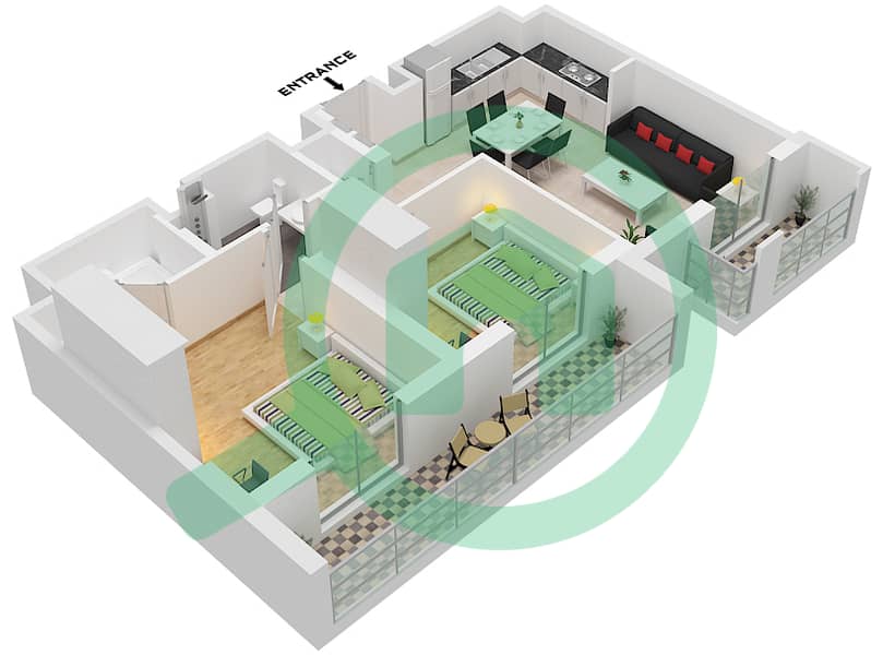 Хаят Бульвар - Апартамент 2 Cпальни планировка Тип 2D-1 interactive3D