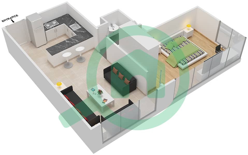 المخططات الطابقية لتصميم النموذج B شقة 1 غرفة نوم - برج جنة interactive3D