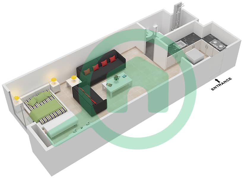 المخططات الطابقية لتصميم النموذج A شقة استوديو - برج جنة interactive3D