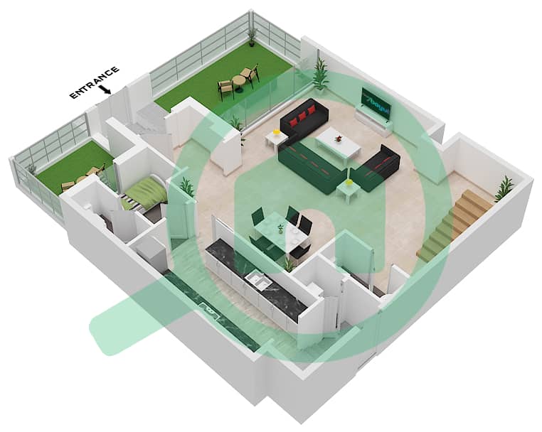 蔚蓝海岸公寓 - 2 卧室联排别墅类型U10戶型图 Lower Floor interactive3D