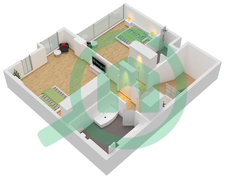 蔚蓝海岸公寓 - 2 卧室联排别墅类型U10戶型图 Upper Floor interactive3D