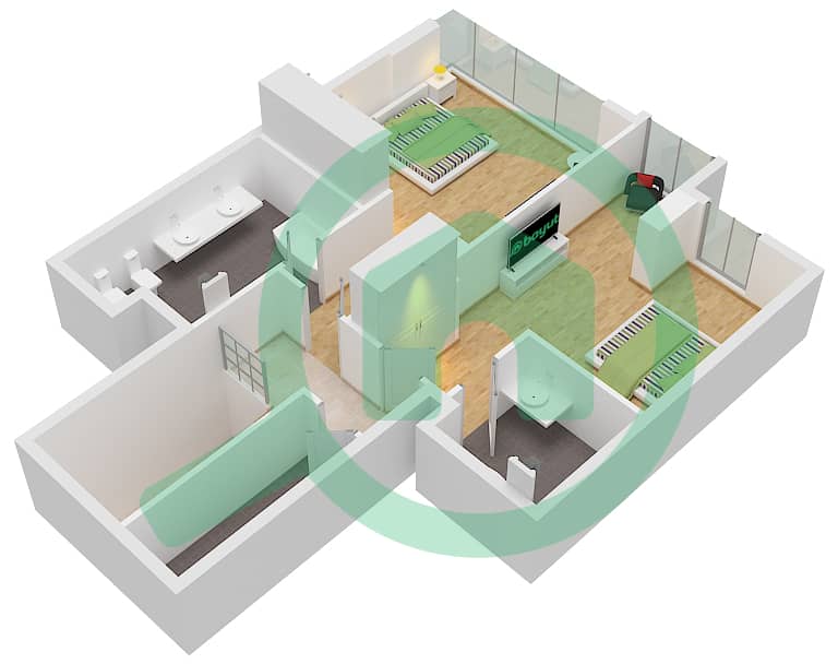 蔚蓝海岸公寓 - 2 卧室联排别墅类型U13戶型图 Upper Floor interactive3D