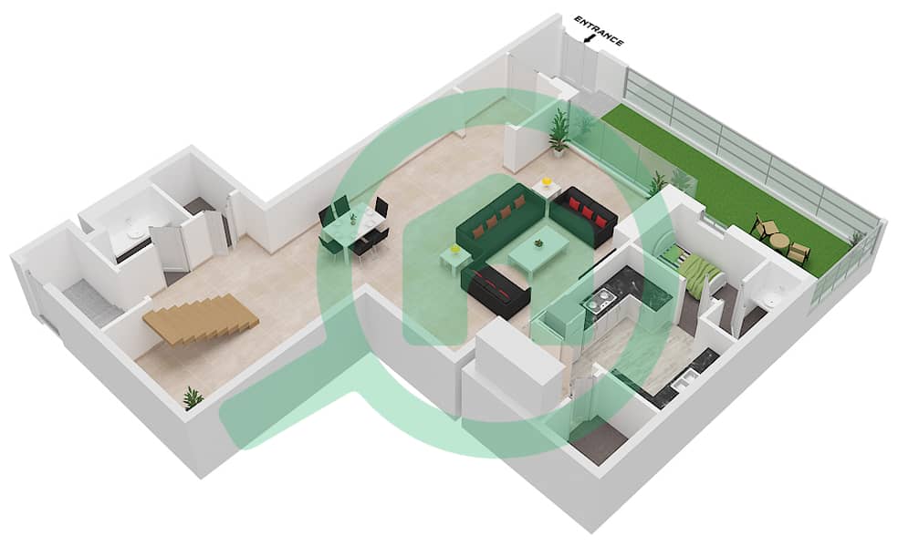 蔚蓝海岸公寓 - 2 卧室联排别墅类型U14戶型图 Lower Floor interactive3D
