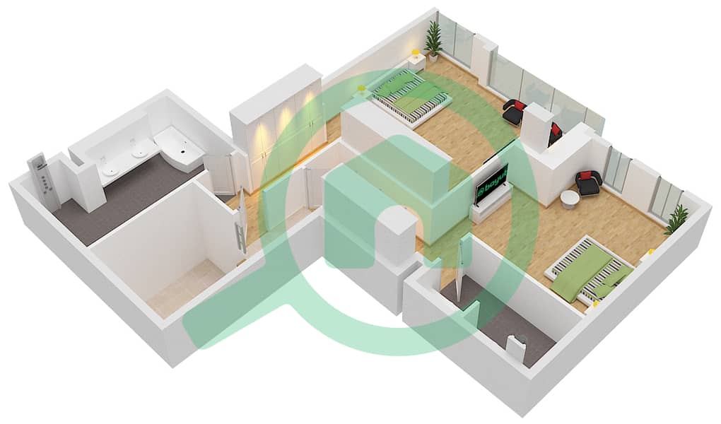蔚蓝海岸公寓 - 2 卧室联排别墅类型U14戶型图 Upper Floor interactive3D