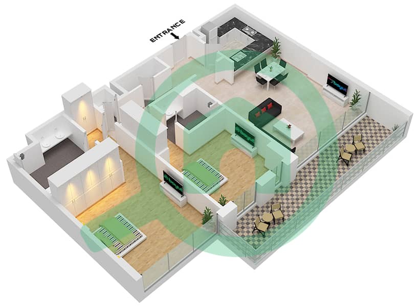 蔚蓝海岸公寓 - 2 卧室公寓类型A戶型图 interactive3D