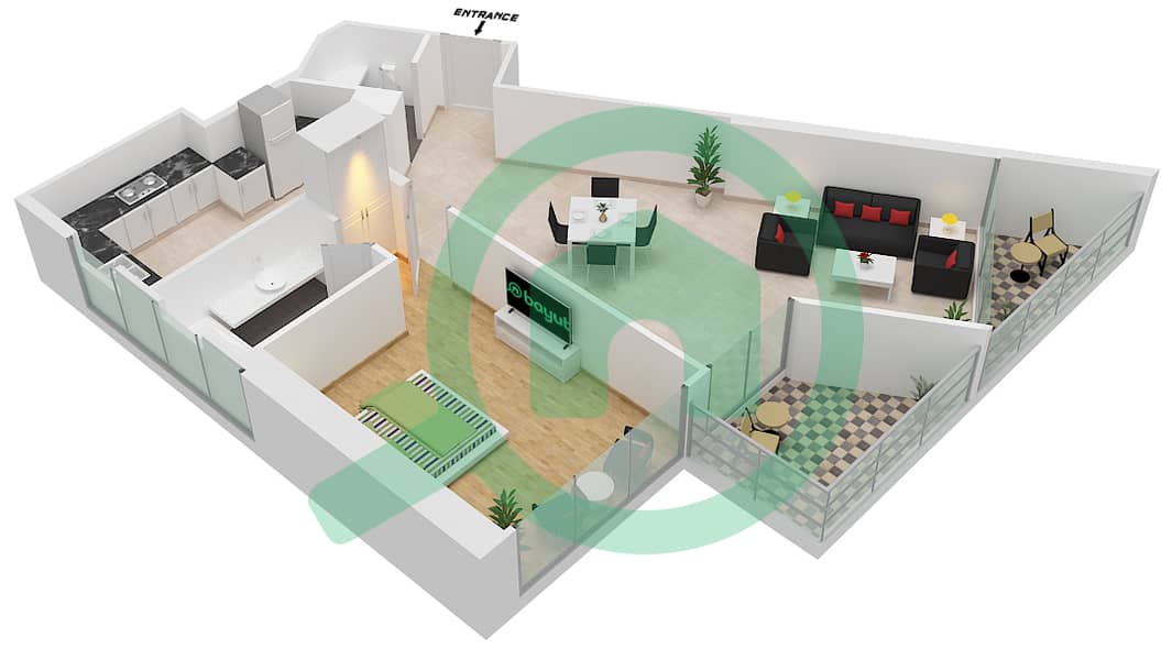 المخططات الطابقية لتصميم الوحدة 17 شقة 1 غرفة نوم - داماك ميزون بريفيه Floor 2,10,14,15,25 interactive3D