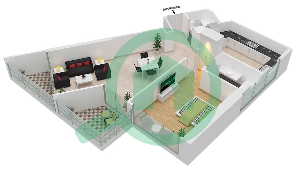 Дамак Мейсон Приве - Апартамент 1 Спальня планировка Единица измерения 44 Floor 14-16,20 interactive3D