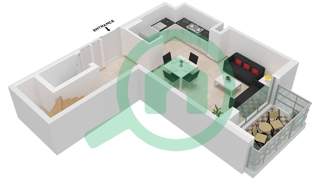 المخططات الطابقية لتصميم النموذج / الوحدة 2J-1 شقة 2 غرفة نوم - حياة بوليفارد Lower Floor interactive3D