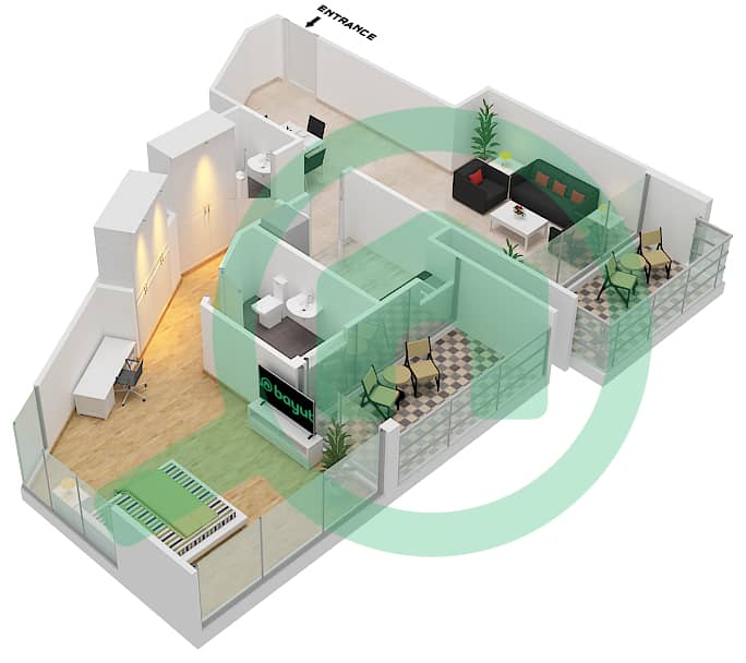 DAMAC Maison Prive - 1 Bedroom Apartment Unit 80 Floor plan Floor 2-4,13-22,27 interactive3D