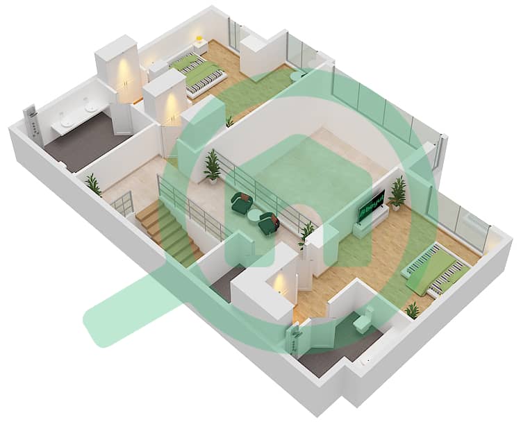 蔚蓝海岸公寓 - 3 卧室联排别墅类型E戶型图 Upper Floor interactive3D