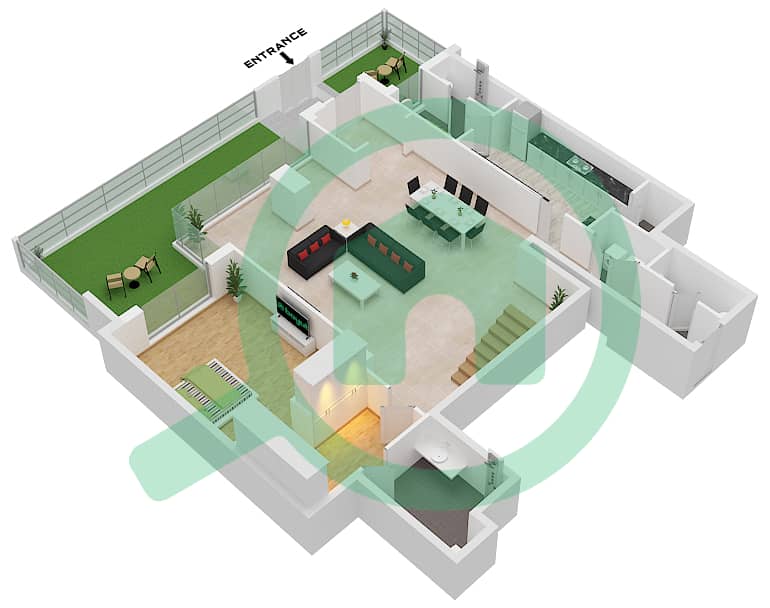 蔚蓝海岸公寓 - 3 卧室联排别墅类型U15戶型图 Lower Floor interactive3D