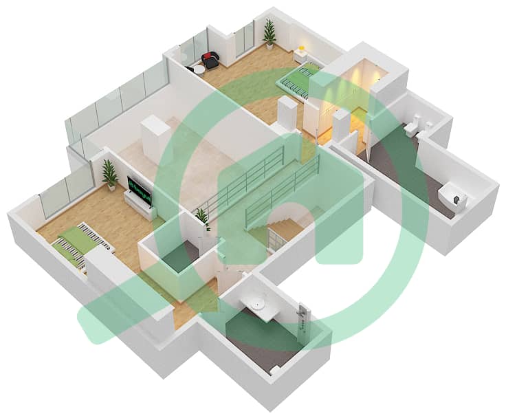 蔚蓝海岸公寓 - 3 卧室联排别墅类型U15戶型图 Upper Floor interactive3D