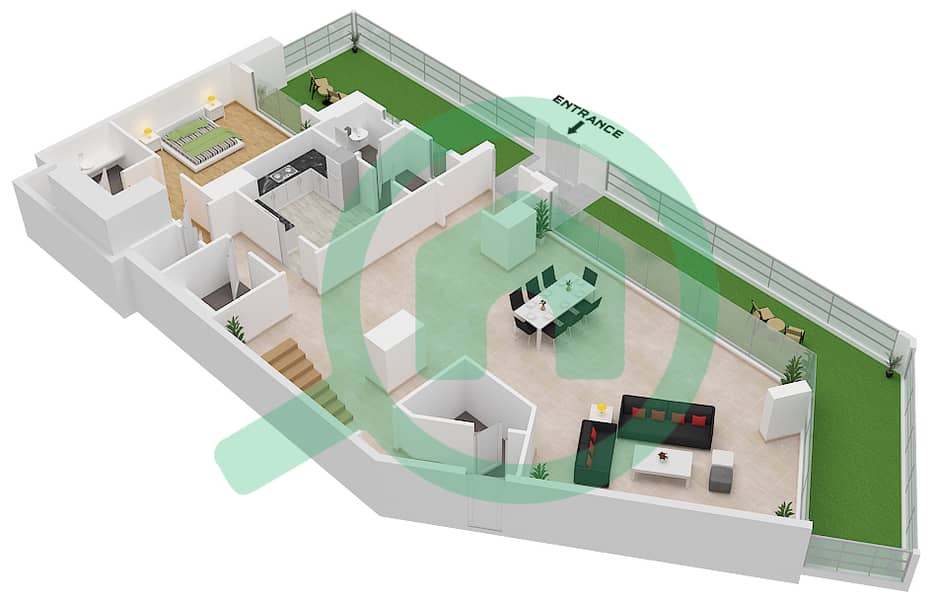 蔚蓝海岸公寓 - 3 卧室联排别墅类型U16戶型图 Lower Floor interactive3D
