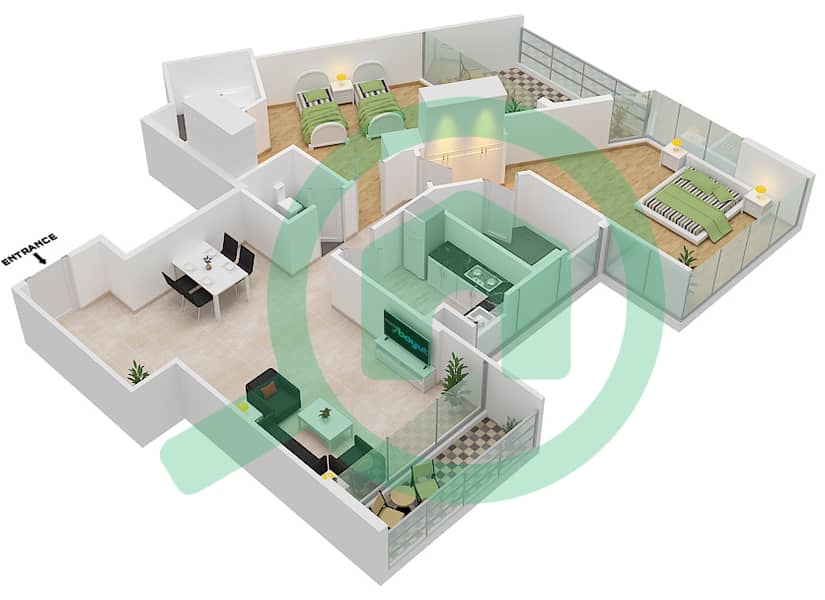 DAMAC Maison Prive - 2 Bedroom Apartment Unit 112 Floor plan Floor 13-15 interactive3D