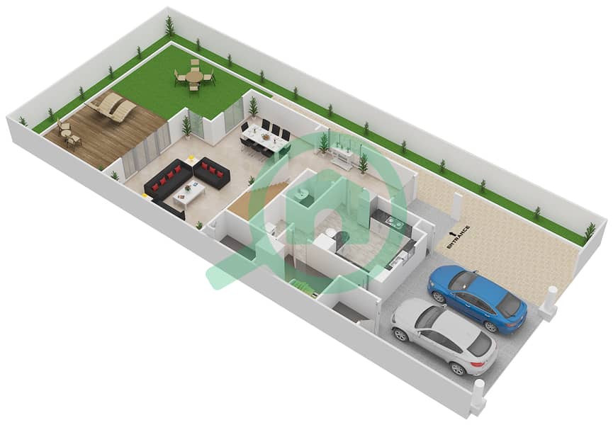 المخططات الطابقية لتصميم النموذج A تاون هاوس 3 غرف نوم - حدائق بلووم Ground Floor interactive3D