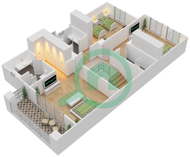 المخططات الطابقية لتصميم النموذج A تاون هاوس 3 غرف نوم - حدائق بلووم First Floor interactive3D