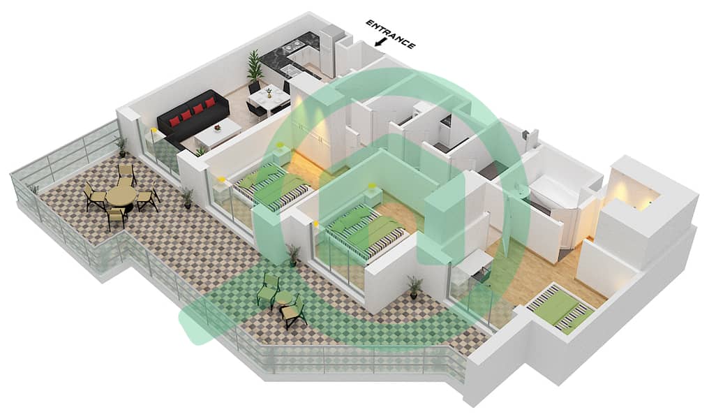 哈亚特大道公寓 - 3 卧室公寓类型／单位3F-1戶型图 interactive3D