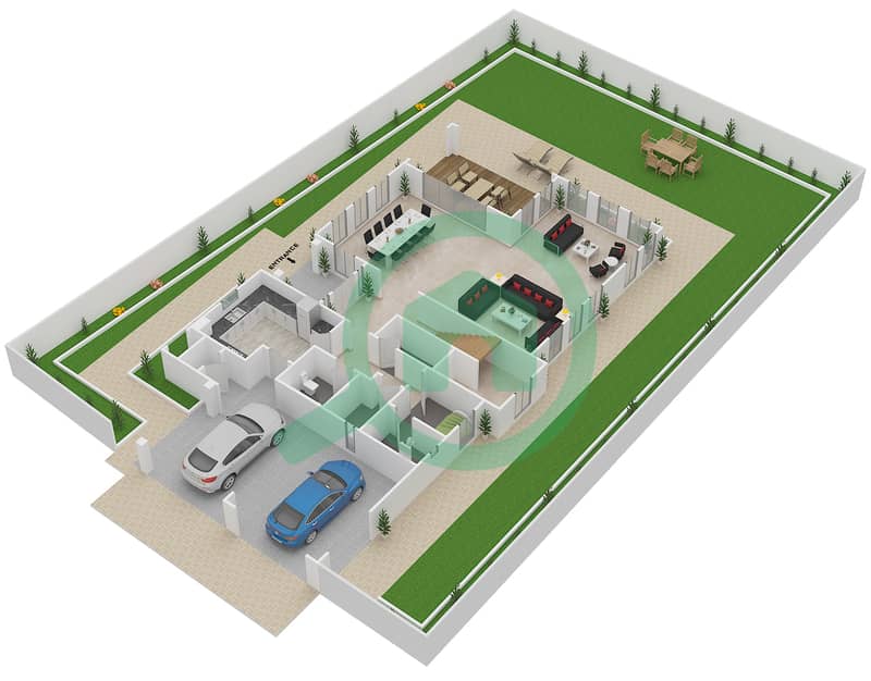 المخططات الطابقية لتصميم النموذج 1C فیلا 5 غرف نوم - حدائق بلووم Ground Floor interactive3D