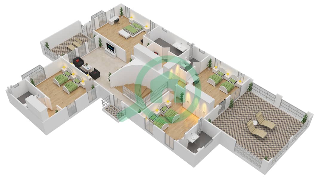 المخططات الطابقية لتصميم النموذج 1B فیلا 5 غرف نوم - حدائق بلووم First Floor interactive3D