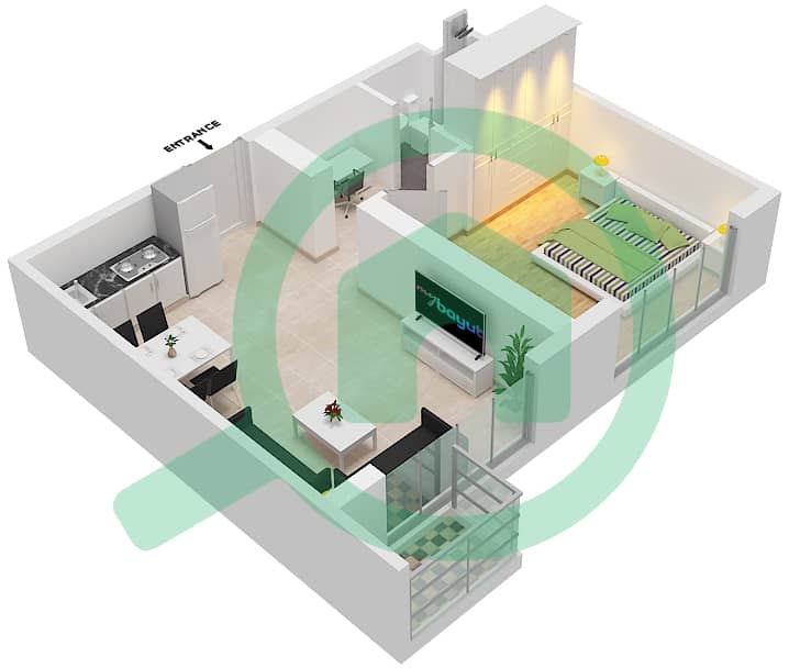 المخططات الطابقية لتصميم النموذج / الوحدة E1/2  FLOOR 21 شقة 1 غرفة نوم - أبراج التنين interactive3D
