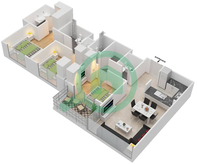 المخططات الطابقية لتصميم الوحدة 3 FLOOR 18-36 شقة 3 غرف نوم - كريك هايتس interactive3D