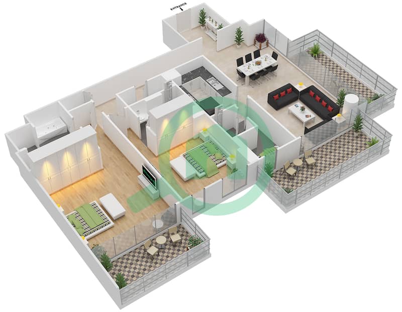 المخططات الطابقية لتصميم النموذج D1 شقة 2 غرفة نوم - ليلاك interactive3D