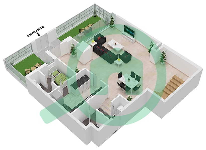 المخططات الطابقية لتصميم النموذج C تاون هاوس 2 غرفة نوم - ليلاك Lower Floor interactive3D