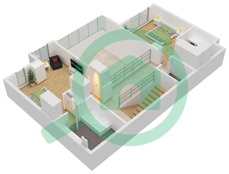 المخططات الطابقية لتصميم النموذج E1 تاون هاوس 3 غرف نوم - ليلاك Upper Floor interactive3D