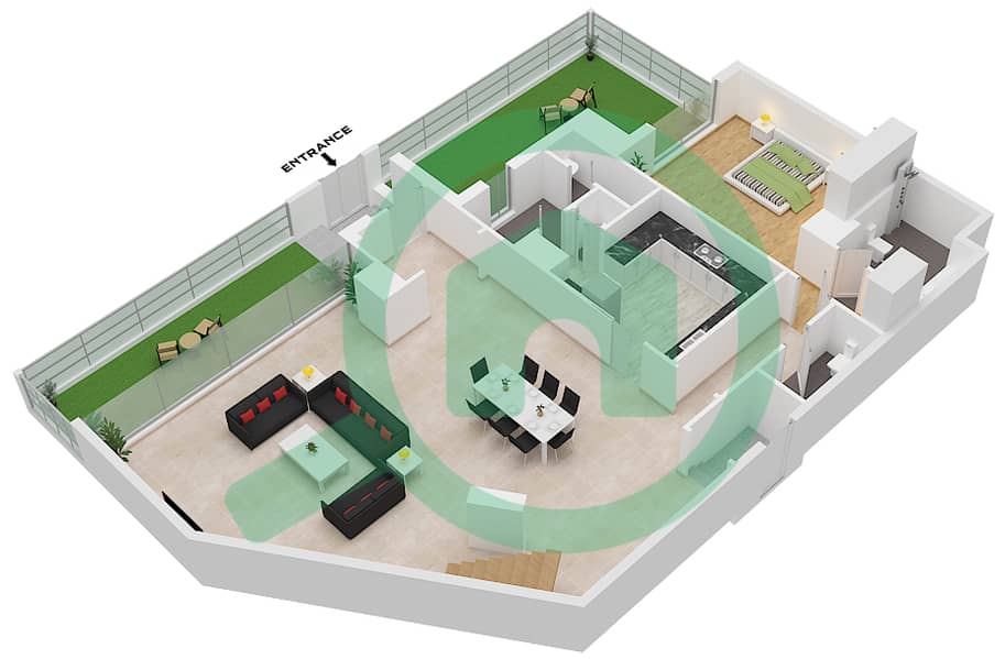 المخططات الطابقية لتصميم النموذج F تاون هاوس 3 غرف نوم - ليلاك Lower Floor interactive3D