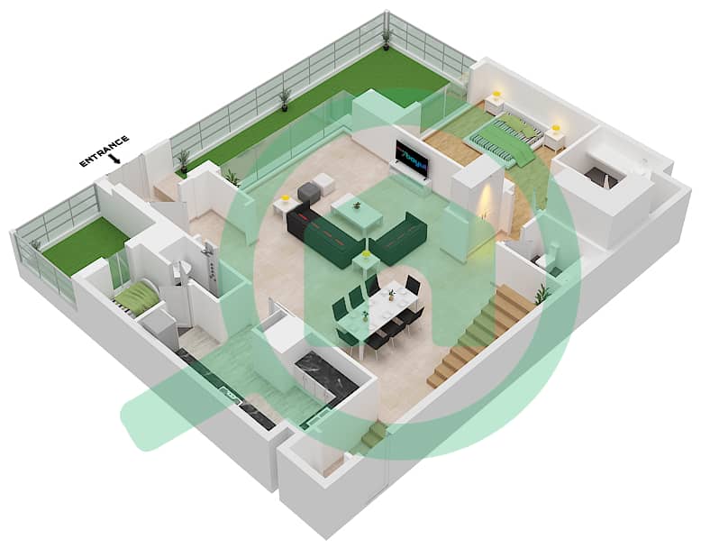 المخططات الطابقية لتصميم النموذج E1 تاون هاوس 3 غرف نوم - ليلاك Lower Floor interactive3D
