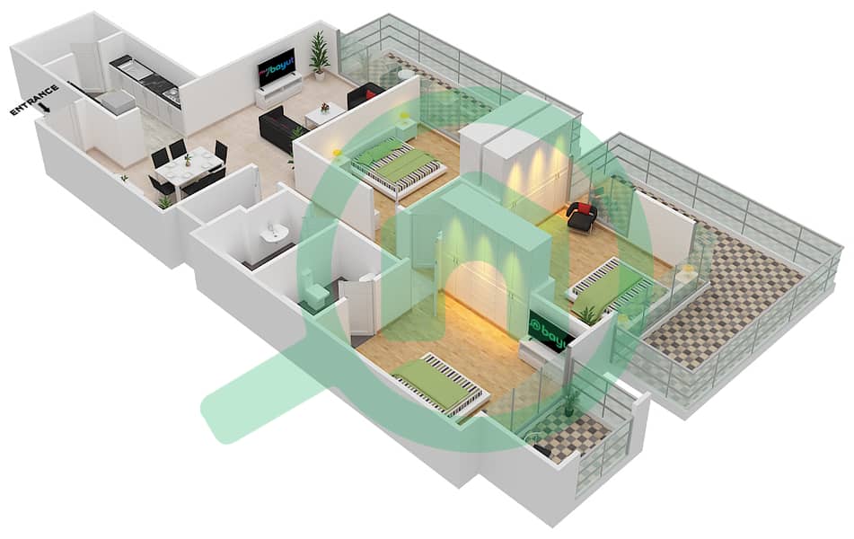Глитц 1 - Апартамент 3 Cпальни планировка Тип T07 interactive3D