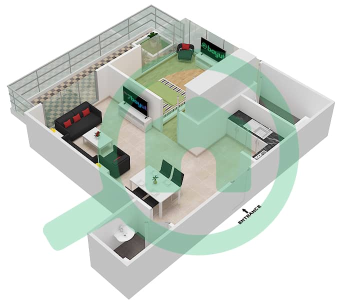 المخططات الطابقية لتصميم النموذج T03 شقة 1 غرفة نوم - جليتز 1 interactive3D