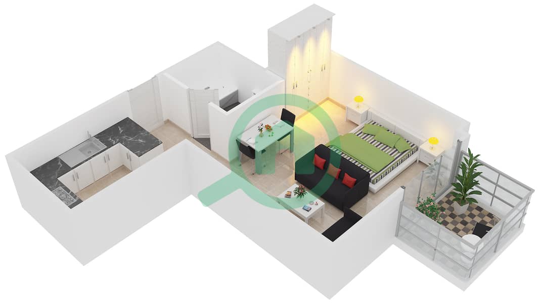 المخططات الطابقية لتصميم النموذج T02 شقة استوديو - جليتز 1 interactive3D