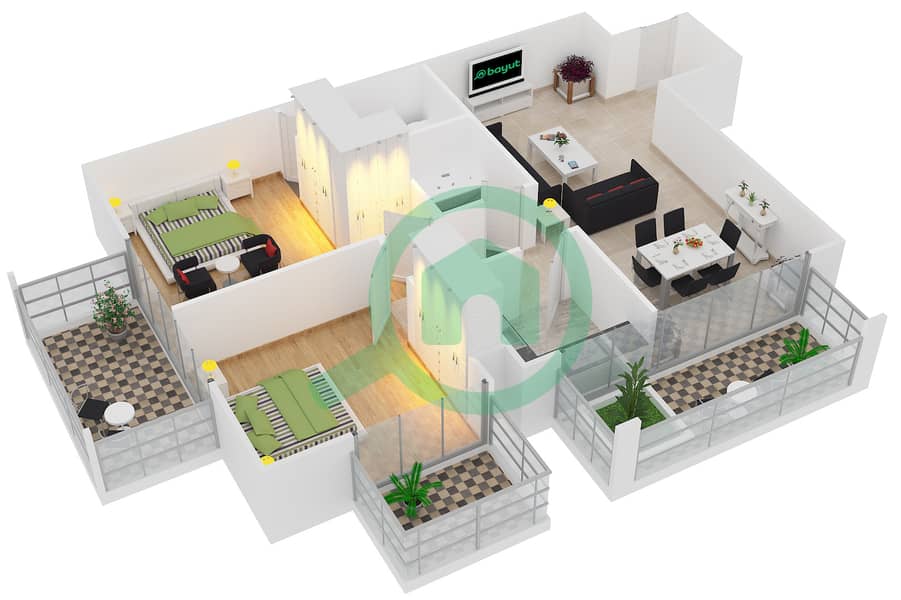 المخططات الطابقية لتصميم النموذج T06 شقة 2 غرفة نوم - جليتز 1 interactive3D