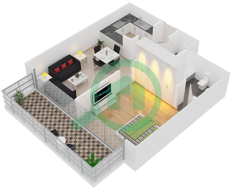 المخططات الطابقية لتصميم النموذج T05 شقة 1 غرفة نوم - جليتز 1 interactive3D