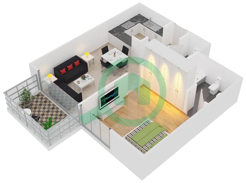 المخططات الطابقية لتصميم النموذج T04 شقة 1 غرفة نوم - جليتز 1 interactive3D
