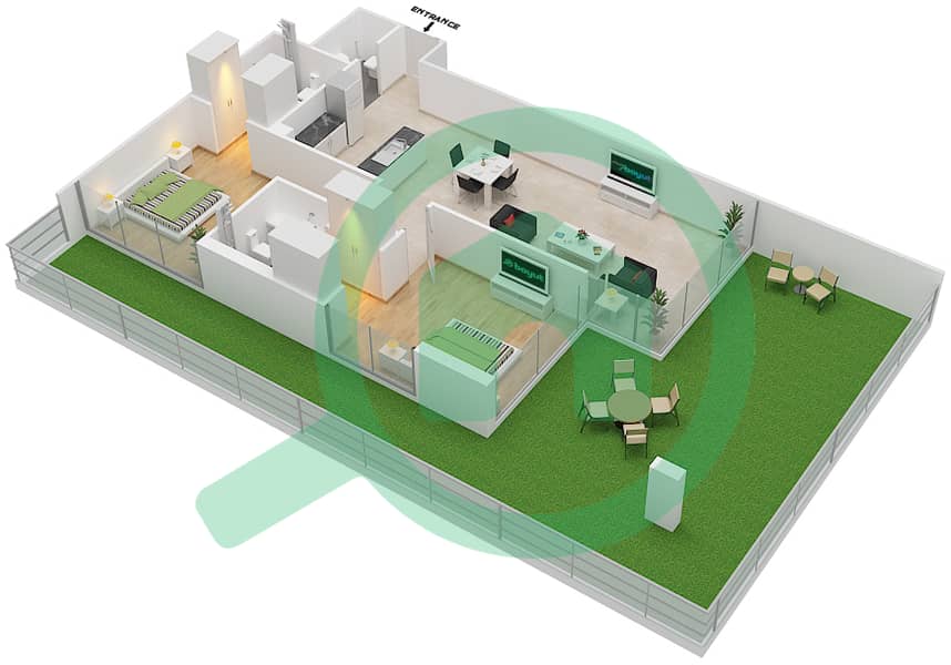 المخططات الطابقية لتصميم الوحدة 1  FLOOR 1 شقة 2 غرفة نوم - علياء ريزيدنس Floor 1 interactive3D